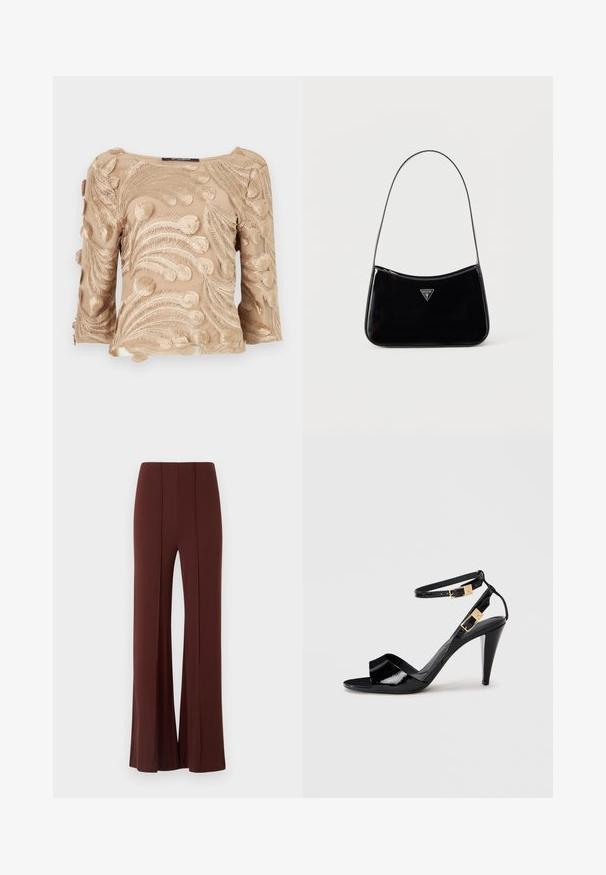 Beige sheer blouse met ingewikkelde geborduurde varenachtige patronen, met driekwart mouwen en een rechte halslijn.; Bruine wijde broek met hoge taille, gemaakt van een gladde stof met verticale naden aan de voorkant en een netjes afgewerkte zoom.; Zwart lakleren hoge hak sandaal met dubbele enkelbandjes en gouden gespen, open teen en slanke, taps toelopende hak op een neutrale achtergrond.; Zwarte schoudertas van lakleer met een smalle band, driehoekig Guess-logo aan de voorkant en een ritssluiting bovenaan.