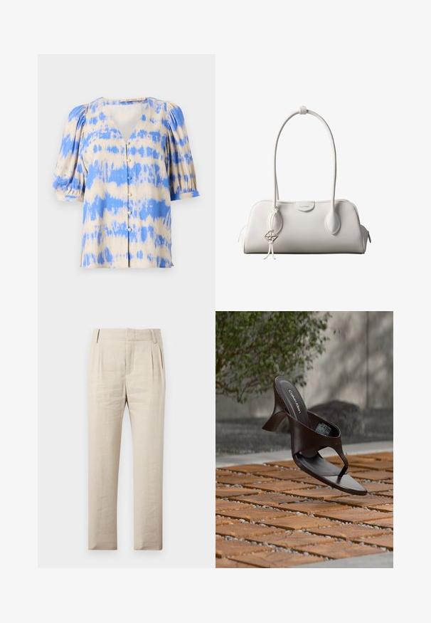 Kortærmet bluse med v-udskæring i beige og blå tie-dye mønster, med pufærmer og knaplukning foran. Fremstillet af letvægtsstof.; Beige skræddersyede bukser med frontplisser, sidelommer, bæltestropper og en lige benpasform på hvid baggrund.; Brun Calvin Klein hælet thong sandal svævende over træflise og grus udendørs med sløret grønt og stenmur i baggrunden.; Hvid Calvin Klein skuldertaske med lange håndtag, rektangulær form, lynlåslukning og dekorativt logohæng tæt på håndtaget.