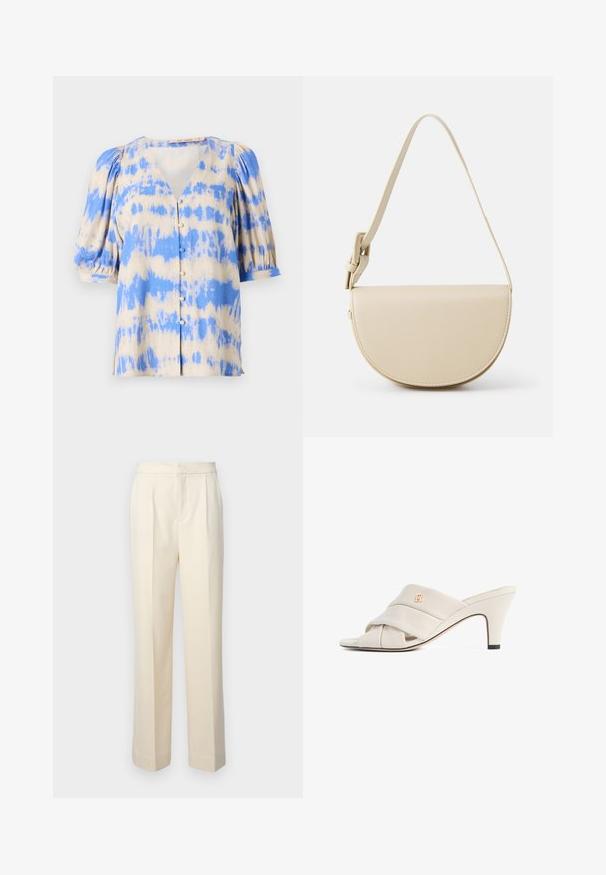 Lühikeste varrukatega, V-kaelusega beezist ja sinisest tie-dye mustris blouseer, millel on puffvarrukad ja nööbid ees. Valmistatud kergest kangast.; Kohandatud kreemjas värvis püksid sirge jala ja ees olevate voldikutega, millel on sile viimistlus. Vöökoht on lame ja ilma kaunistusteta.; Beežid kõrgete kontsadega mandlikujulised jalatsid keerutatud nahast rihmade disainiga, avatud varbaosaga ja reljeefse logoga aktsendiga. Kand on musta otsaga detailiga.; HVISK NOMI SOFT STRUCTURE - Käekott - bone white