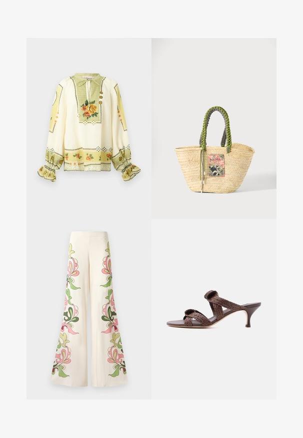 Blouse crème à manches longues avec imprimé floral jaune et orange, poignets froncés à volants et col à nouer avec boutons décoratifs.; Pantalons évasés en tissu crème avec des motifs floraux colorés en rose et vert sur les côtés. Texture lisse, design à jambes larges.; Sandale mule en cuir tressé marron avec deux brides et un petit talon bas sur fond blanc uni.; Sac cabas en paille beige tissée avec des poignées tressées vertes et noires et un patch rectangulaire coloré à l'avant.