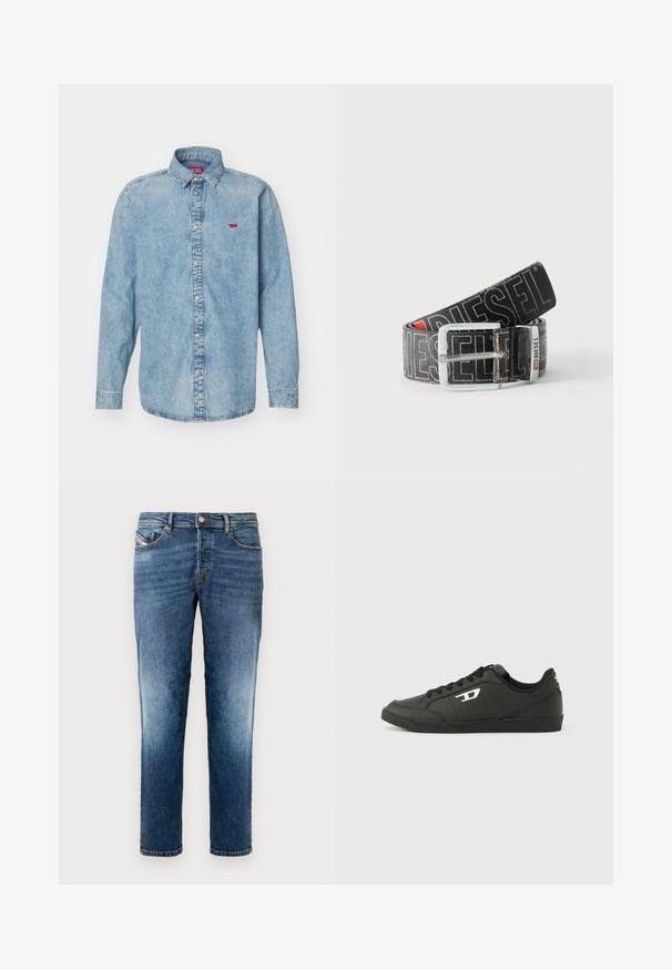 Chemise en denim bleu clair avec des manches longues, un col pointu et une fermeture à boutons. Présente un petit logo rouge sur le côté gauche de la poitrine.; Jean en denim bleu à coupe droite, avec un design classique à cinq poches, une légère décoloration et une fermeture à bouton à la taille.; Baskets synthétiques noires avec une semelle noire texturée, un bout rond et des lacets plats noirs. Logo blanc remarquablement placé sur le côté extérieur.; Ceinture noire Diesel avec grand texte logo blanc, boucle rectangulaire en argent, et détail de boucle métallique brandée, enroulée sur un fond clair.