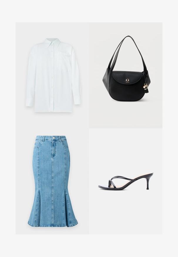 Camisa de botones de color azul claro con cuello, mangas largas y un bolsillo en el pecho. La tela parece suave con una textura sutil; presenta botones amarillos.; Falda lápiz de mezclilla azul claro con dobladillo acampanado y aberturas laterales, con cierre de botones en la parte frontal y bolsillos. Diseño simple y limpio.; Sandalia de tacón de charol negro con tiras finas cruzadas y un tacón de aguja delgado de altura media, sobre un fondo blanco.; Bolso de hombro de cuero negro con solapa curva, logo dorado "G GUESS", correas dobles y charms colgantes de llavero sobre un fondo liso.
