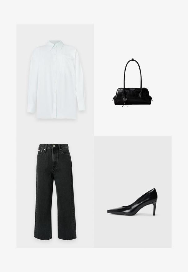 Camisa de botones de color azul claro con cuello, mangas largas y un bolsillo en el pecho. La tela parece suave con una textura sutil; presenta botones amarillos.; Jeans de pierna ancha en denim negro, con cintura alta, dos bolsillos delanteros, un bolsillo trasero y cierre de botón con un detalle plateado.; Zapato de tacón alto de cuero negro con punta afilada, textura suave y tacón en forma de cono. Diseño minimalista, sin adornos adicionales.; Bolso de hombro negro de cuero con textura de cocodrilo, con correas largas y un pequeño colgante de logo plateado en una correa.