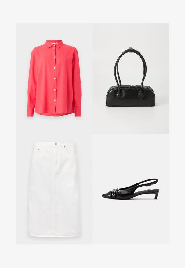 Chemise corail rose à manches longues avec col, sept boutons blancs et un ourlet légèrement arrondi sur un fond clair.; Jupe en denim blanc avec fermeture éclair sur le devant, design à cinq poches et silhouette droite avec des accents de couture.; Chaussure slingback en cuir noir avec bout pointu, trois boucles argentées à l'avant et petit talon kitten sur fond blanc.; Sac à main en cuir noir avec deux anses allongées, fermeture éclair et forme arrondie ; texture lisse avec une finition légèrement brillante.