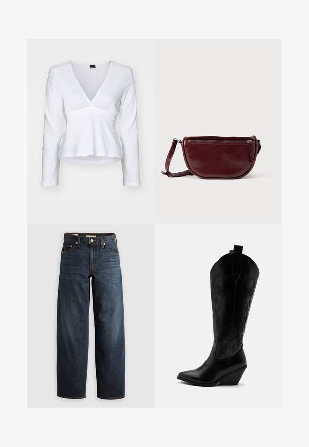 Hvid langærmet top med V-hals, sammensnøret talje og struktureret stof. Enkel design, blødt materiale og ensfarvet.; Mørkeblå denimjeans med lige ben, fem lomme-stil og kontrastsyninger samt knappelukning.; Sort læder cowboystøvle med spidst tåparti, skråt blokhælhæl, dekorative sømme og trækstropper øverst mod hvid baggrund.; Vinrød læderhåndtaske med halvmåneform, lynlås og aftagelig rem. Glat tekstur med en subtil glans.
