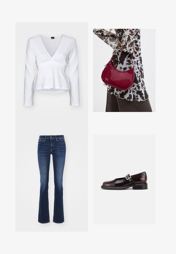 Haut blanc à manches longues avec décolleté en V, taille froncée et tissu texturé. Design simple, matériel doux et couleur unie.; Jeans évasés bleu marine en denim, avec un design classique à cinq poches, fermeture éclair à l'avant et bouton. Texture lisse et taille mi-haute.; Chaussure Mary Jane unique brillante couleur bordeaux foncé avec une large bride et une boucle argentée, talon bloc bas et bout arrondi sur fond blanc.; Femme portant un chemisier à motif noir et blanc tenant un sac à main rouge brillant sur un fond uni.