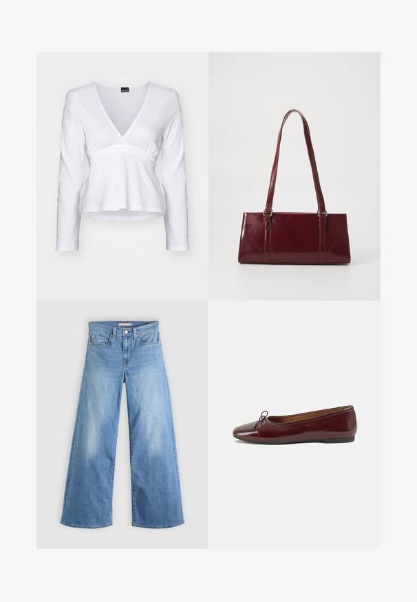 Hvid langærmet top med V-hals, sammensnøret talje og struktureret stof. Enkel design, blødt materiale og ensfarvet.; Lyseblå vidbenede jeans lavet af denim, med høj talje, lynlås og knaplukning foran samt klassisk fem-lomme design.; Bordeaux patentlæder balletflad med rund tå, lille sløjfeaccent foran og en lav, sort gummisål. Glat tekstur.; Bordeaux håndtaske lavet af glansfuldt materiale, rektangulær form, med to skulderremme og subtile buede detaljer på forsiden.