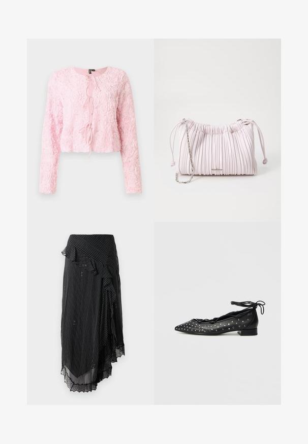 Rosa cropped jakke med lange ærmer, struktureret rosemønster, rund halsudskæring og frontlukning med bånd. Feminin design med blødt, lagdelt stof.; Sort omslagsskjørt med hvide striber, flæsekant og blondekant. Fremstillet af letvægtsstof og med et asymmetrisk design.; Sorte balletflade sko i læder med spids tå, snøredesign og sølvnitte-accenter langs siderne. Lav blokhæl.; Rosa plisseret håndtaske lavet af kunstlæder, med snørelukning og en sølvfarvet kædrem. Glat tekstur, kompakt form.