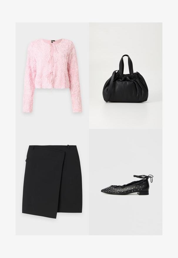 Chaqueta rosa corta con mangas largas, patrón de rosa texturizado, escote redondo y cierre delantero con lazo. Diseño femenino con tela suave y en capas.; Falda envolvente negra con una textura lisa, que cuenta con un cierre lateral de cremallera y dos presillas para cinturón. Diseño sencillo sin patrones o acentos visibles.; Bailarinas de cuero negro con punta puntiaguda, diseño con cordones y detalles de tachuelas plateadas a los lados. Perfil de tacón bajo y cuadrado.; Bolso de mano de cuero negro con un diseño de parte superior fruncida, que cuenta con dos asas cortas y una correa larga ajustable. Textura suave, forma redondeada.