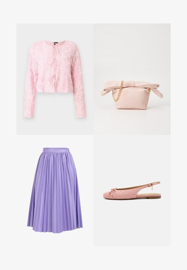Rosa cropped jakke med lange ærmer, struktureret rosemønster, rund halsudskæring og frontlukning med bånd. Feminin design med blødt, lagdelt stof.; Plisseret nederdel i lys lavendelstof med en glat talje. Har vertikale folder, der strækker sig til kanten, hvilket skaber volumen og bevægelse.; Pink flad slingback sko med tekstureret stof, sløjfe på rundet tå, ankelrem med guldlås og vedhæng og lav brun sål.; Blush pink faux lædertaske med bueformet top, guldkædestrop og blød, glat tekstur. Har en rund bund og plisseret design.