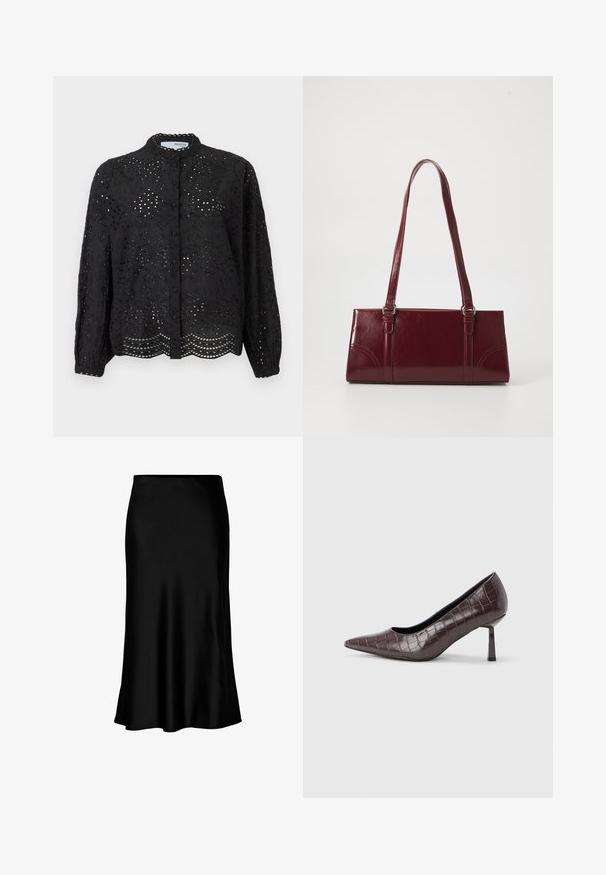 Sort skjorte med lange ærmer, der har en indviklet hulmønster og scallop kant. Fremstillet af letvægtsstof med en struktureret overflade.; Sort satin midi-nederdel med en glat tekstur, klokkeformet kant og en tætsiddende talje, der har et enkelt, klassisk design.; Brune kunstlæder stiletter med spidse tæer og krokodilletekstur, der har en slank, vinklet hæl og en glat inderside.; Bordeaux håndtaske lavet af glansfuldt materiale, rektangulær form, med to skulderremme og subtile buede detaljer på forsiden.