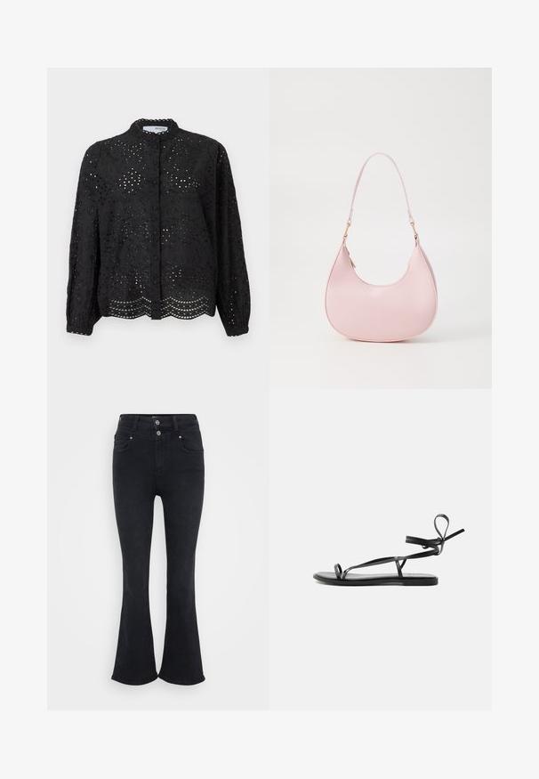 Sort skjorte med lange ærmer, der har en indviklet hulmønster og scallop kant. Fremstillet af letvægtsstof med en struktureret overflade.; Sorte flare jeans med høj talje, lavet af denimstof. Har to forlommer og dobbelt knaplukning i taljen.; Sort flad sandal med tynde stropper og et ankelomviklingsdesign på en ensartet lys baggrund.; Call it Spring CELESTY - Håndtasker - other pink