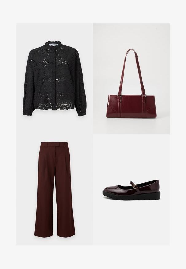 Zwarte blouse met knoopsluiting en lange mouwen, met een ingewikkeld gaatjesontwerp en een scalloped zoom. Gemaakt van lichtgewicht stof met een textuur. ; Wijde, high-waist broek in donkerbruin met riemlussen en voorplooien, afgebeeld tegen een effen witte achtergrond.; Glanzende bordeaux Mary Jane-schoenen met een ronde neus, verstelbare gesp en een zwarte, textuurgevelzool.; Bourgondische handtas van glanzend materiaal, rechthoekige vorm, met twee schouderbanden en subtiele gebogen accenten aan de voorkant.
