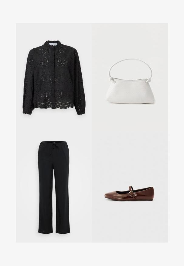 Sort skjorte med lange ærmer, der har en indviklet hulmønster og scallop kant. Fremstillet af letvægtsstof med en struktureret overflade.; Vero Moda Tall VMBERLIN WIDE PANEL - Bukser - black; Brun patentlæder balletflade med firkantet tå og strop med en lille guldbuckle. Glat tekstur, lav hæl og minimalistisk design.; Hvid fletlæderhåndtaske med afrundet håndtag og ender på remmen, der er knyttet, vist mod en ensfarvet baggrund.