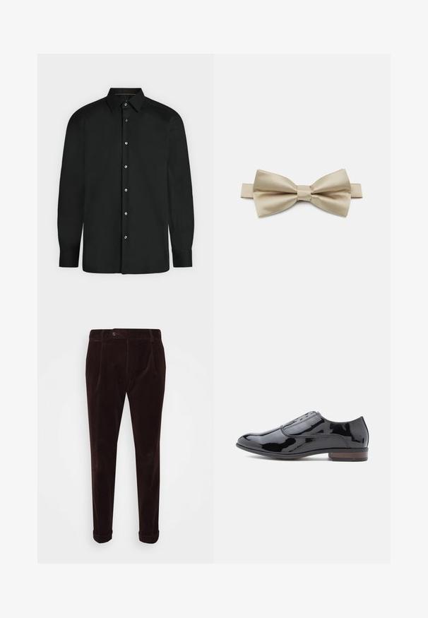 Sort skjorte med lange ærmer, knapper foran, spids krave og knapmanchetter, vist mod en ensformet lys baggrund.; BOSS Bukser - dark red; Sort sko i laklæder med et elegant design, rundet tå og lav brun hæl. Synlige sting langs sømmene tilføjer detaljer.; Satin butterfly-slips i lys beige, med en klassisk sommerfugleform og en central knude. Glat tekstur med en subtil glans.