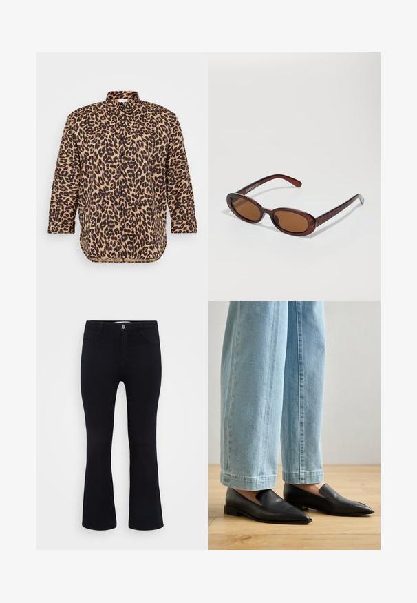 Camisa de botones con estampado de leopardo en tonos marrón y negro, con un cuello clásico, mangas largas y un corte relajado con un dobladillo ligeramente curvado.; ONLY Carmakoma Flared fit CARTHUNDER Mid waist - Vaqueros a campana - black denim; Zapatos de cuero negro con punta afilada y diseño sin cordones, combinados con jeans de pierna ancha en azul claro, sobre un suelo de madera.; Gafas de sol redondas con tinte marrón y un marco burdeos brillante. Patillas delgadas con un sutil detalle de marca. Diseño de lentes planos.