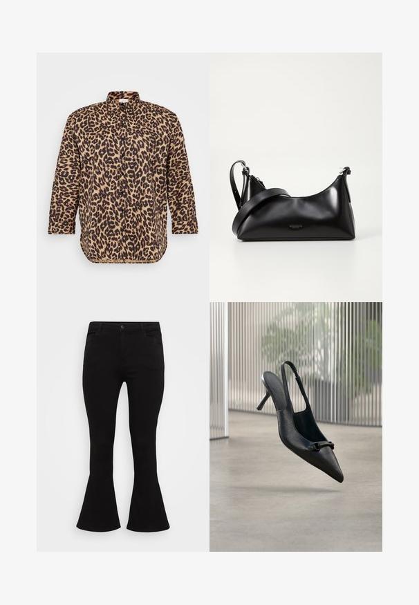 Leopardprint skjorte med knaplukning i tan og sort, med klassisk krave, lange ærmer og en afslappet pasform med en let buet kant.; Sorte flarejeans med en figursyet talje, standard fem-lommet design og en glat denimtekstur med en subtil stræk.; Sort tekstureret læder slingback højhælet sko med spids tå og lille dekorativ spænde, svævende over en glat gulv.; Sort læderhåndtaske med en glat tekstur. Har en justerbar stropp og et enkelt, minimalistisk design med lynlås.