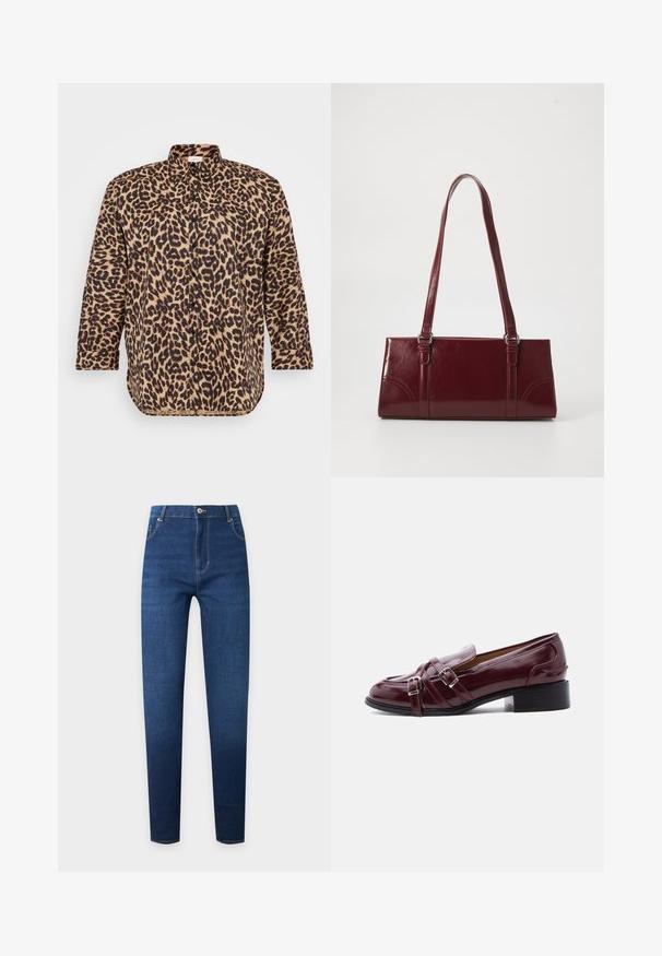 Camisa de botones con estampado de leopardo en tonos marrón y negro, con un cuello clásico, mangas largas y un corte relajado con un dobladillo ligeramente curvado.; Vaqueros pitillo azul oscuro de talle alto con botón en el delantero, cremallera y diseño clásico de cinco bolsillos.; Mocasín de charol burdeos con doble hebilla plateada y tacón bajo negro sobre fondo blanco.; Bolso burdeos hecho de material brillante, de forma rectangular, con dos asas para el hombro y sutiles acentos curvados en la parte frontal.