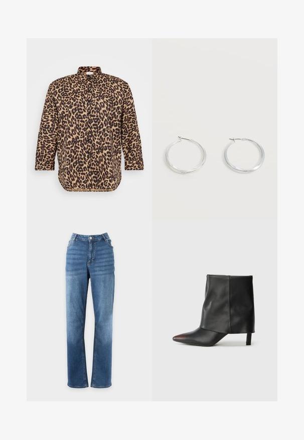 Leopardprint skjorte med knaplukning i tan og sort, med klassisk krave, lange ærmer og en afslappet pasform med en let buet kant.; Blå straight-fit jeans med knap- og lynlåslukning, for- og baglommer, vist på en ensfarvet hvid baggrund.; Sort ankelstøvle lavet af glat læder med spids tå og tilspidset hæl. Overdelen har et let rynket design.; Sølvfarvede metaloorringe med glat, let buet overflade og låsemekanisme på en ensfarvet hvid baggrund.