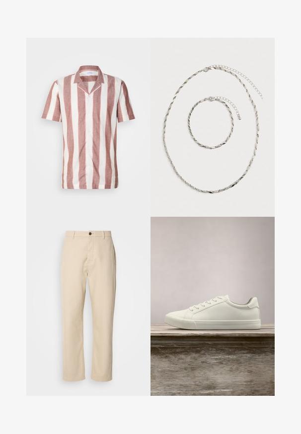 Chemise à manches courtes en tissu léger, ornée de larges rayures verticales rose et blanc, avec un col et des boutons sur le devant.; Pantalons en coton beige avec jambes droites, fermeture à bouton à l'avant, poches latérales et texture lisse. Design minimaliste, sans motifs visibles.; Sneaker en dentelle blanche flottant au-dessus d'un banc en bois avec un feuillage vert en arrière-plan, mettant en valeur le design et la texture de la chaussure.; Collier en chaîne torsadée argentée et bracelet assorti avec fermoirs ajustables, posés à plat sur un fond blanc.