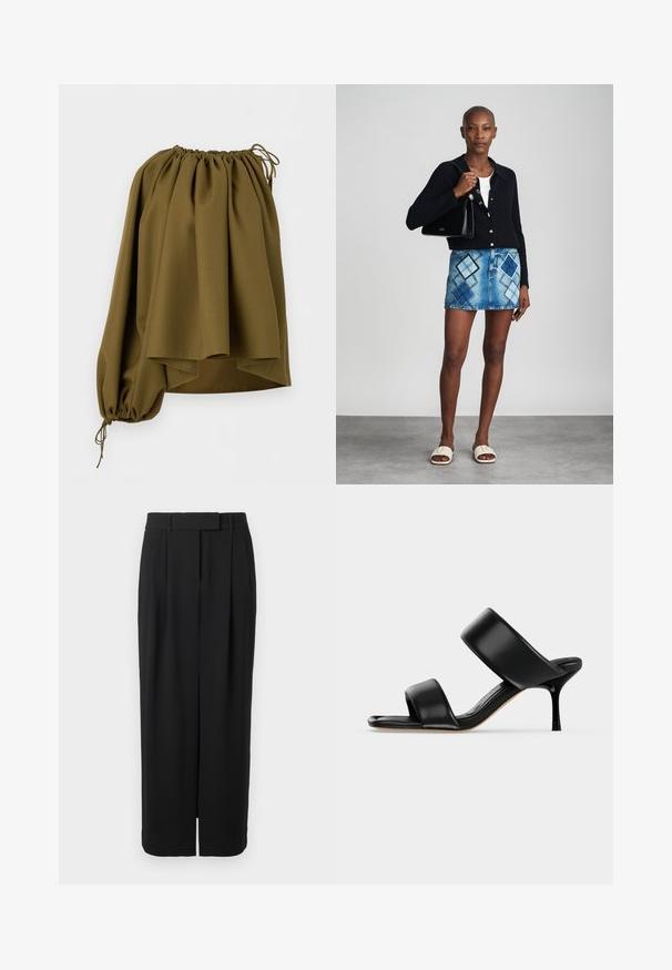Blouse asymétrique vert olive à épaules dénudées avec encolure élastiquée et une seule manche longue serrée au poignet par un cordon.; Pantalon noir taille haute à jambes larges avec un pli frontal, passants de ceinture, et une fermeture dissimulée sur fond blanc.; Sandale mule en cuir noir avec deux larges brides et un talon stiletto fin de hauteur moyenne sur un fond clair uni.; Un cardigan en maille noir, un haut blanc, une jupe en denim avec un motif de diamants bleus et noirs, un sac à main noir et des sandales à enfiler beiges.