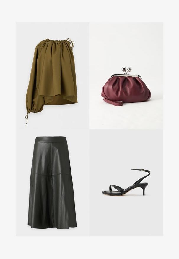 Blouse asymétrique vert olive à épaules dénudées avec encolure élastiquée et une seule manche longue serrée au poignet par un cordon.; Jupe midi trapèze en simili cuir noir avec des détails visibles de coutures verticales et horizontales.; Sandale pour femme en cuir noir avec fines lanières, une boucle d'orteil, une boucle à la cheville et un talon aiguille de hauteur moyenne sur un fond neutre.; Petit sac pochette en cuir bordeaux avec fermoir métallique argenté et bracelet sur fond blanc.