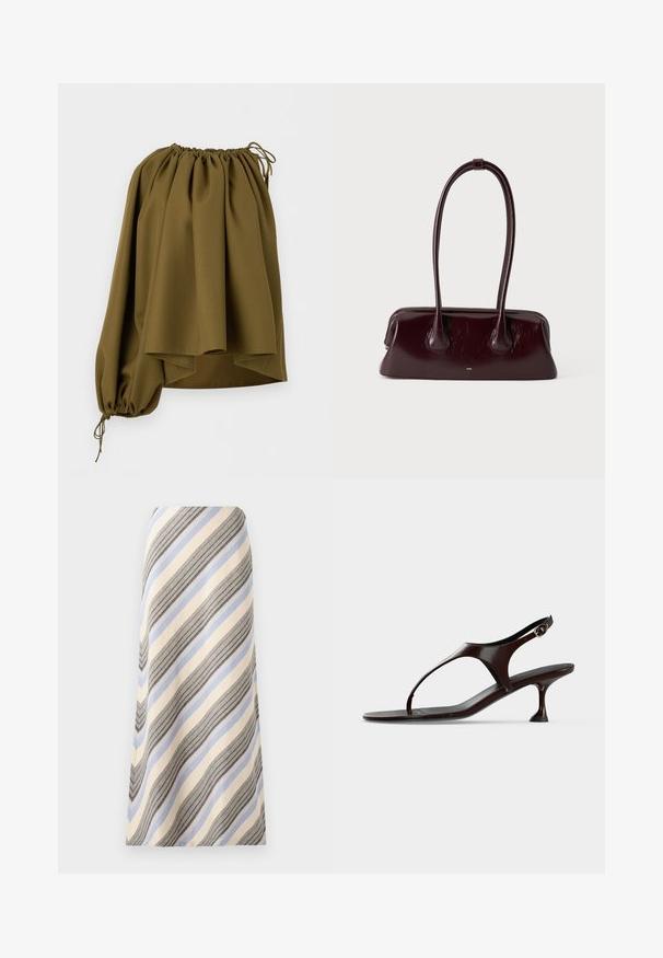 Blouse asymétrique vert olive à épaules dénudées avec encolure élastiquée et une seule manche longue serrée au poignet par un cordon.; Jupe midi rayée en beige, bleu et noir ; présente des lignes diagonales de largeurs variées. Texture lisse et design fluide.; Sandale slingback en cuir verni marron foncé avec petit talon et bride entre les orteils sur fond blanc.; Sac à main en cuir brun foncé brillant avec de longues anses fines et une base rectangulaire structurée sur un fond clair uni.