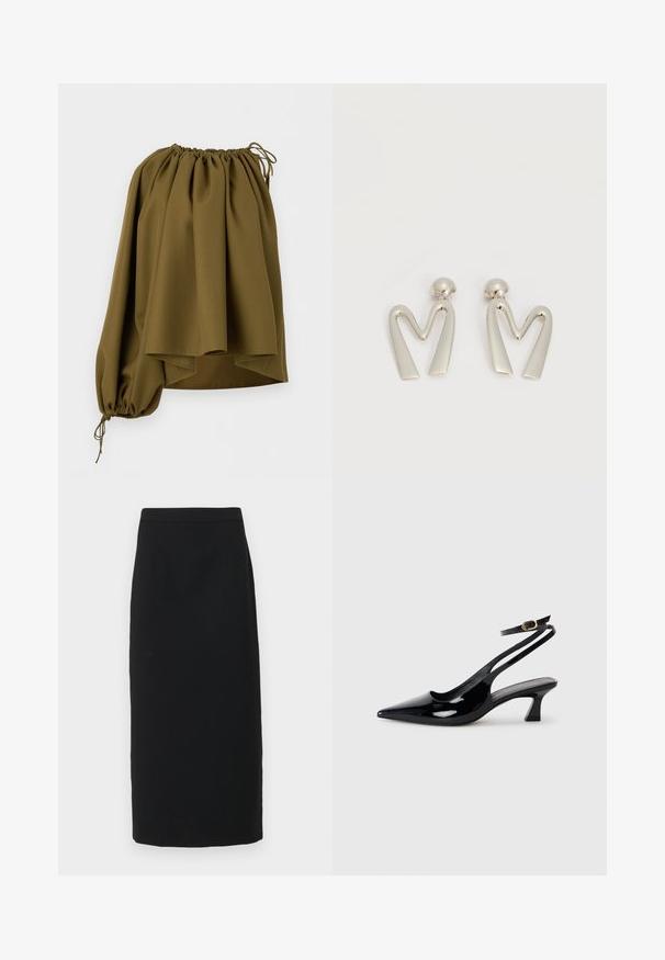 Blouse asymétrique vert olive à épaules dénudées avec encolure élastiquée et une seule manche longue serrée au poignet par un cordon.; Jupe midi noire, design sur mesure, tissu structuré, forme droite, présente une texture lisse avec de subtils plis à l'avant.; Escarpins à brides arrière en cuir verni noir, à bout pointu, avec un petit talon carré et une sangle de cheville ajustable dotée d'une boucle dorée.; Paire de boucles d'oreilles en métal argenté en forme de lettre M angulaire avec des tiges arrondies sur fond blanc.