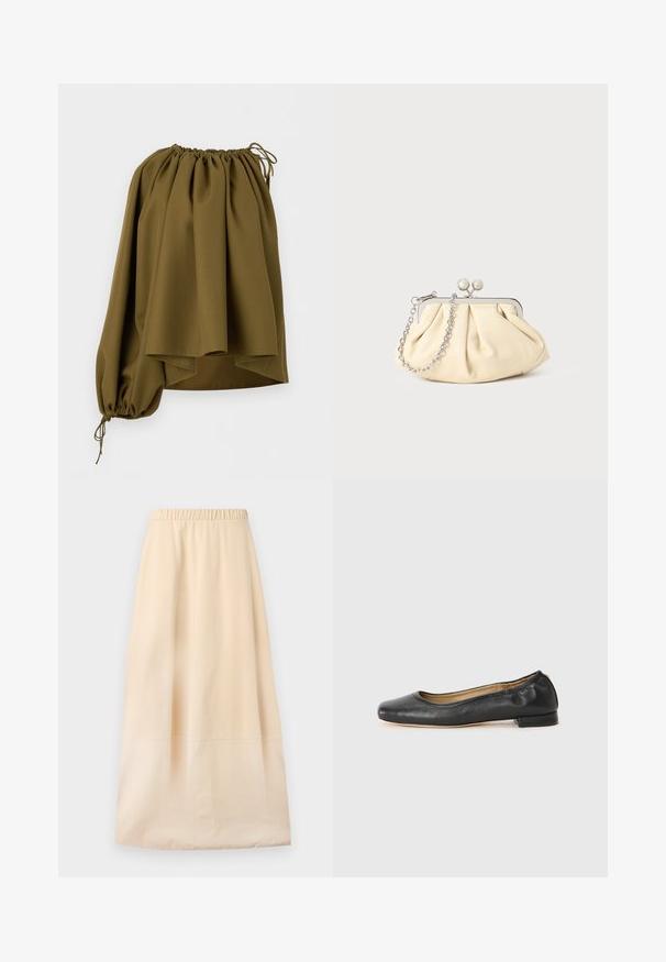 Blouse asymétrique vert olive à épaules dénudées avec encolure élastiquée et une seule manche longue serrée au poignet par un cordon.; Jupe longue beige avec taille élastique et détail de couture subtil, présentée à plat sur un fond clair.; Ballerines en cuir noir avec un bout arrondi et des coutures minimales. Talon bas et rectangulaire avec une texture lisse. Détails subtils de doublure intérieure.; Pochette en cuir beige plissé avec un cadre en métal argenté, dotée de deux fermoirs ronds décoratifs et d'une chaîne en argent.