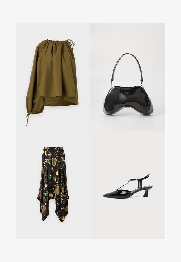 Blouse asymétrique vert olive à épaules dénudées avec encolure élastiquée et une seule manche longue serrée au poignet par un cordon.; Jupe asymétrique noire avec motifs floraux et cœurs verts, pêche et jaunes, dotée d'un ourlet fluide en forme de mouchoir.; Chaussure slingback en cuir verni noir à bout pointu avec bride en T et petit talon bloc incliné sur fond blanc.; Sac à main en cuir verni noir avec une forme incurvée unique, une anse courte et ajustable, et une fermeture zippée. Texture lisse avec un branding discret.