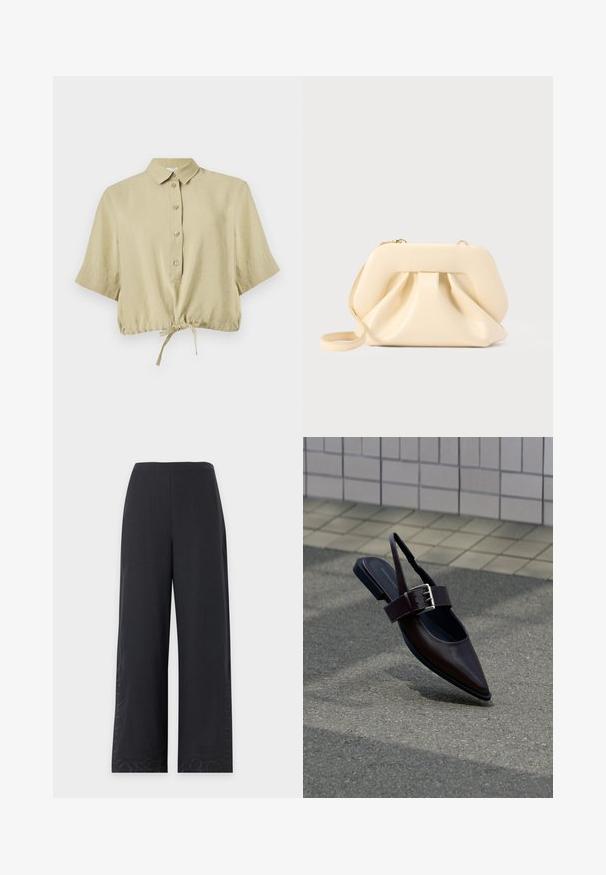 Chemisier court beige à manches courtes, avec col, patte de boutonnage et lien réglable à l'ourlet, présenté sur fond blanc.; Pantalon large noir à taille haute avec des motifs brodés subtils près des ourlets inférieurs sur un fond uni.; Chaussure plate à bout pointu marron foncé avec bride arrière, large sangle et grande boucle argentée sur l'asphalte près d'un mur carrelé.; Pochette en cuir souple beige avec cadre structuré et détail plissé à l'avant, équipée d'une fine bandoulière pour poignet et d'une fermeture éclair dorée.