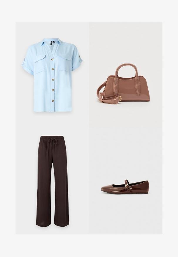 Chemise bleu clair à manches courtes avec boutons en bois, deux poches poitrine avant avec rabats, et manches retroussées avec pattes boutonnées.; Pantalon large marron foncé avec taille élastique et cordon à l'avant, présenté sur un fond uni clair.; Ballerine en cuir verni marron avec un bout carré et une lanière ornée d'une petite boucle dorée. Texture lisse, talon bas et design minimaliste.; Sac à main brillant couleur rose avec deux poignées supérieures, une bandoulière détachable et des détails de couture décorative. Forme compacte et structurée.