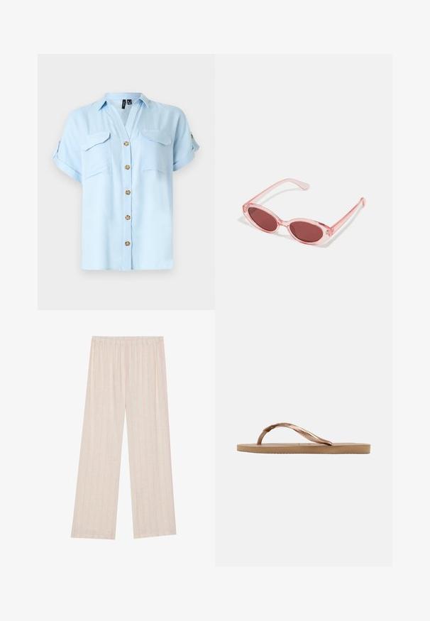 Chemise bleu clair à manches courtes avec boutons en bois, deux poches poitrine avant avec rabats, et manches retroussées avec pattes boutonnées.; Pantalons en tissu léger et pâle avec des rayures verticales roses, coupe large et taille élastique pour le confort.; Claquette beige simple avec semelle texturée et bride en forme de Y métallique couleur or rose, vue de côté sur un fond uni.; Lunettes de soleil transparentes roses avec des verres ovales, teintés d'un rouge foncé, et des branches fines, présentant une finition lisse et des détails subtils sur la monture.