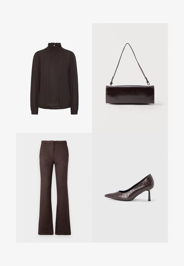 Blouse noire avec un col montant à volants, des manches longues et un détail plissé sur le devant. Fabriquée en tissu léger et texturé.; Pantalons évasés marron en tissu doux avec une texture lisse. Présente une fermeture éclair à l'avant, des passants de ceinture et une silhouette propre et tailleur.; Escarpins à bout pointu en similicuir marron avec une texture crocodile, dotés d’un talon fin et angulaire ainsi que d’une doublure intérieure lisse.; Sac à main rectangulaire en cuir noir avec une longue bandoulière unique et une finition brillante, présenté sur un fond blanc uni.