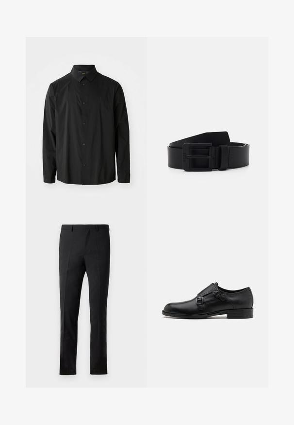 MustHave must have black long-sleeve shirt, made of lightweight fabric. Features a button-up front, pointed collar, and discreet brand logo on the chest.; Mustad püksid, millel on kohandatud lõige, lame esiosa, kaks pressitud voldikut, vöökohad ja sile tekstuur. Ei ole nähtavaid mustreid ega metalli.; Musta nahast kleitking, kus on kaks pandlat, voolava silueti ja ümarate varvastega. Omab madalat kontsa ja siledat tekstuuri.; Mustast nahast vöö, millel on matt viimistlus, neljakujuline metallist klamber ja siledad pinnad. Lihtne disain, ilma mustrite või aktsentideta.