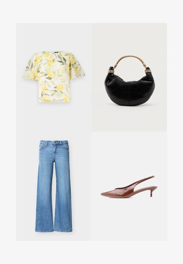 Blusa blanca de manga corta con un patrón de limones y hojas. Tela ligera, ligeramente transparente, con un escote redondeado y un corte holgado.; Vaqueros de mezclilla azul claro con cintura alta, cierre de botón y cremallera, bolsillos delanteros y piernas anchas.; Zapato slingback marrón brillante con tacón bajo y delgado estilo kitten heel, punta afilada, sobre fondo blanco.; Bolso de mano negro en forma de media luna con superficie texturizada y un asa rígida dorada con embellishments tipo espiral.