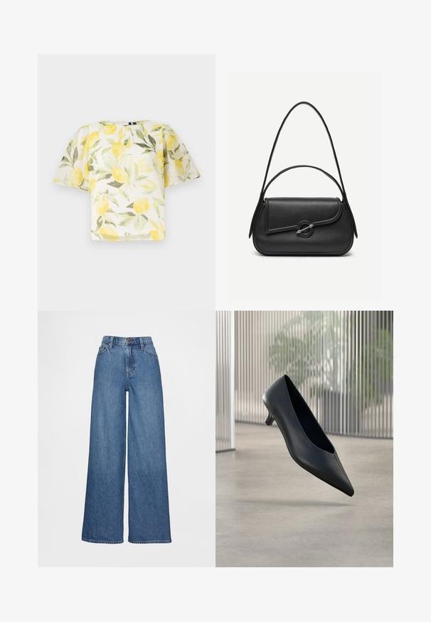 Blusa blanca de manga corta con un patrón de limones y hojas. Tela ligera, ligeramente transparente, con un escote redondeado y un corte holgado.; Jeans de pierna ancha en denim azul medio, con cintura alta, trabillas para cinturón y cierre de botones. Textura suave con detalles mínimos de costuras.; Zapato negro de tacón bajo y puntera puntiaguda que flota sobre un suelo de hormigón liso con paneles verticales translúcidos de fondo.; Bolso de cuero negro con bordes redondeados, solapa asimétrica, cierre circular de metal y correas de hombro cortas y largas.