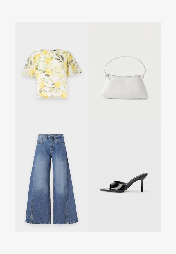 Blusa blanca de manga corta con un patrón de limones y hojas. Tela ligera, ligeramente transparente, con un escote redondeado y un corte holgado.; Jeans de pierna ancha en azul claro. Fabricados en algodón texturizado, con una cintura alta, bolsillos frontales y costuras laterales distintivas.; Mules de charol negro con punta abierta, una tira estrecha y tacón stilettos. Textura suave y diseño minimalista con suela plana.; Bolso de mano de cuero blanco tejido con asa redondeada y extremos de la correa anudados, exhibido sobre un fondo liso.