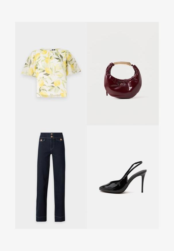 Blusa blanca de manga corta con un patrón de limones y hojas. Tela ligera, ligeramente transparente, con un escote redondeado y un corte holgado.; Vaqueros azul oscuro de talle alto con perneras rectas, botones de cobre, bolsillos con solapa en la parte delantera y costuras amarillas visibles.; Zapato de tacón alto con tira trasera negro brillante, punta puntiaguda y tacón stiletto fino sobre un fondo claro y uniforme.; Bolso de mano de piel sintética burdeos con forma redondeada, detalles fruncidos y un asa de metal dorado. Textura suave y acabado brillante.