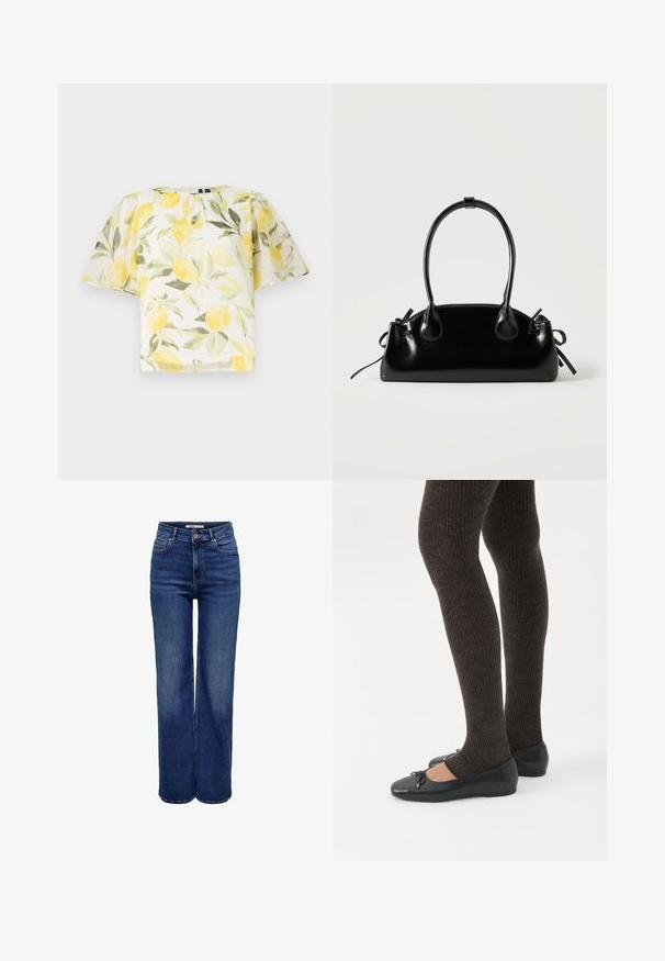 Blusa blanca de manga corta con un patrón de limones y hojas. Tela ligera, ligeramente transparente, con un escote redondeado y un corte holgado.; Vaqueros de talle alto y pierna ancha en denim azul oscuro, con cierre de botones, cinco bolsillos y detalles de costuras en contraste.; Piernas con leggings oscuros acanalados combinados con bailarinas negras que presentan pequeños detalles de lazo sobre un fondo blanco.; Pequeño bolso negro brillante con dos asas largas y detalles de cordón lateral sobre un fondo claro liso.