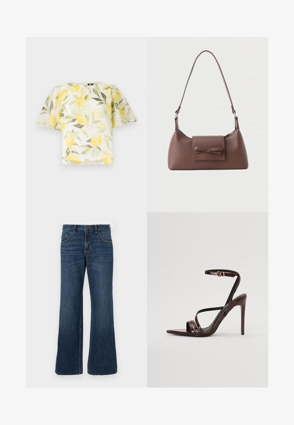 Hvid kortærmet bluse med citron- og bladmønster. Letvægts, let gennemsigtigt stof med rund halsudskæring og løs pasform.; Mørkeblå jeans med vide ben og klassisk design med fem lommer, der har knaplukning og diskret falming. Fremstillet af denimstof.; Bordeaux laker læder højhælede sandal med ankelrem, spids tå og tre vandrette remme over foden. Detalje med spænde i guldtonet.; Brun skuldertaske i læder med en frontlomme med klap, der har en sydd sløjfedetalje, og en justerbar rem.