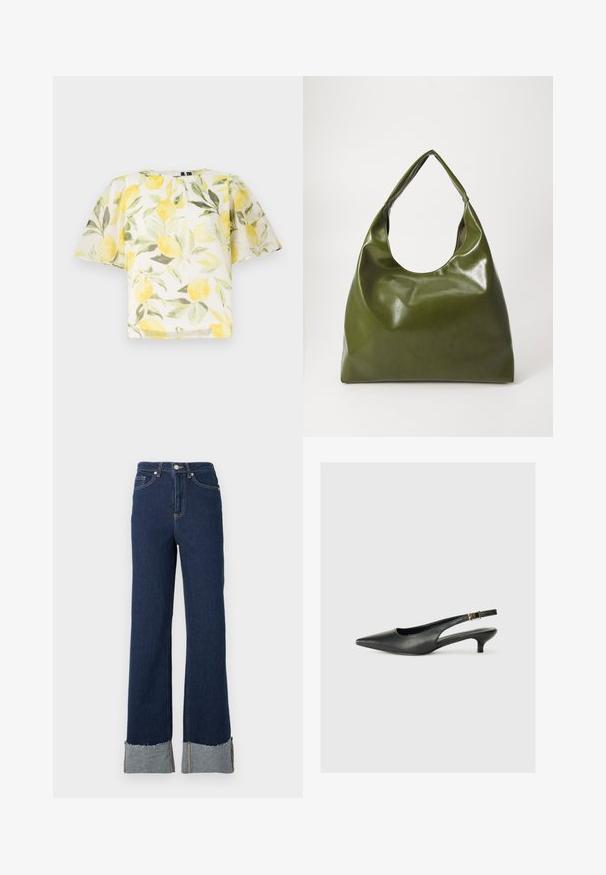 Hvid kortærmet bluse med citron- og bladmønster. Letvægts, let gennemsigtigt stof med rund halsudskæring og løs pasform.; Mørkeblå denim flare jeans med høj talje, med rå kant og lettere denimopstykkede detaljer ved anklerne. Sølvknaplukning.; Sorte spidse slingback-sko lavet af glat læder. Har en tynd hæl og en spænde detalje på den justerbare rem.; Grøn læder hobo taske med en slouchy design, buet håndtag og glat tekstur. Indeholder ingen synlig hardware eller accenter.