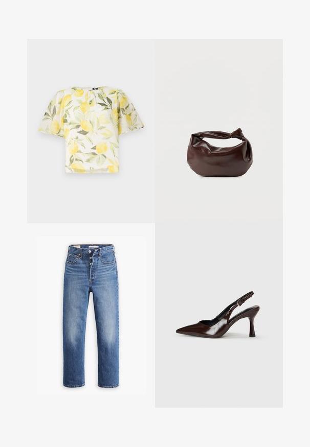 Blusa blanca de manga corta con un patrón de limones y hojas. Tela ligera, ligeramente transparente, con un escote redondeado y un corte holgado.; Vaqueros de mezclilla azul con cintura alta, diseño de pierna recta y áreas desgastadas. Presentan bolsillos frontales y herrajes de metal.; Zapatos de tacón slingback de charol marrón con punta afilada, tacón delgado y correa ajustable con una pequeña hebilla.; Bolso de hombro de cuero marrón oscuro con una forma suave y caída, y un asa con nudo torcido sobre un fondo blanco liso.