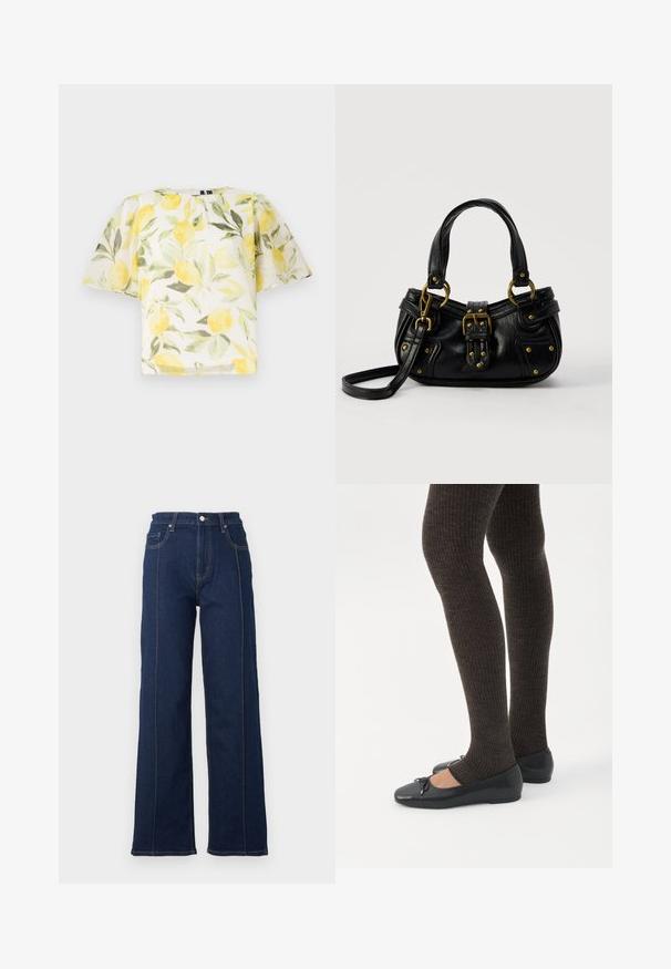 Blusa blanca de manga corta con un patrón de limones y hojas. Tela ligera, ligeramente transparente, con un escote redondeado y un corte holgado.; Jeans de mezclilla de corte ancho en color azul oscuro con costuras prominentes, tiro alto y cinco bolsillos. Presenta un cierre frontal con botón y cremallera.; Piernas con leggings oscuros acanalados combinados con bailarinas negras que presentan pequeños detalles de lazo sobre un fondo blanco.; Bolso de cuero negro con hebilla y detalles de remaches dorados, asas cortas y una correa de hombro ajustable sobre un fondo blanco liso.