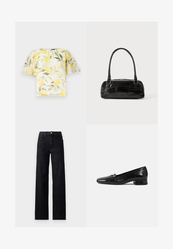 Blouse blanche à manches courtes avec un motif de citrons et de feuilles. Tissu léger, légèrement transparent, avec un col rond et une coupe ample.; Jean en denim noir taille haute avec fermeture à bouton et à glissière, poches avant et arrière, et coupe droite.; Ballet flats en cuir verni noir avec un bout pointu, un petit talon carré et un détail de boucle métallique sur la sangle. Texture lisse.; Sac à main en cuir noir de forme rectangulaire, doté d'une seule ansse structurée, de quincaillerie argentée et d'une fermeture éclair. Texture lisse.