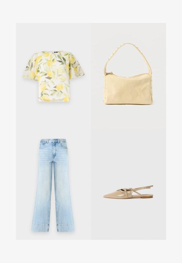 Blusa blanca de manga corta con un patrón de limones y hojas. Tela ligera, ligeramente transparente, con un escote redondeado y un corte holgado.; Vaqueros de pierna ancha de color azul claro con cintura alta, trabillas trenzadas, botón frontal, cremallera y dos bolsillos sobre fondo blanco.; Bailarinas de charol beige con tiras y hebillas decorativas, punta afilada y tacón bajo. Acabado suave y brillante con un detalle mínimo.; Pequeño bolso de cuero beige con una sola correa y tachuelas plateadas a lo largo de los bordes y la correa, sobre un fondo liso.