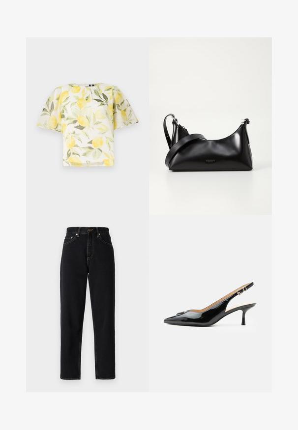 Hvid kortærmet bluse med citron- og bladmønster. Letvægts, let gennemsigtigt stof med rund halsudskæring og løs pasform.; Sorte denimjeans med lige ben design, høj talje og kontrastsyning. Har fem lommer og lynlåslukning.; Sort patentlæder slingback hæl med spids tå, lille kitten hæl og sølvspænde på en ensartet hvid baggrund.; Sort læderhåndtaske med en glat tekstur. Har en justerbar stropp og et enkelt, minimalistisk design med lynlås.