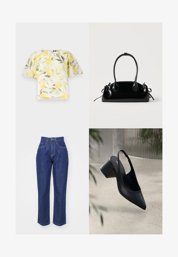 Blusa blanca de manga corta con un patrón de limones y hojas. Tela ligera, ligeramente transparente, con un escote redondeado y un corte holgado.; Jeans de mezclilla azul oscuro con cintura alta, pierna recta, cinco bolsillos y costuras en contraste. Diseño clásico con una textura suave.; Zapato de tacón slingback de cuero negro con punta afilada y tacón cuadrado. Textura suave, diseño minimalista y correa ajustable en el tobillo.; Pequeño bolso negro brillante con dos asas largas y detalles de cordón lateral sobre un fondo claro liso.