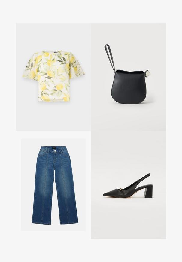 Witte blouse met korte mouwen met een patroon van citroenen en bladeren. Lichtgewicht, licht doorzichtig materiaal met een ronde halslijn en een losse pasvorm.; Tafellange blauwe denim jeans met een hoge taille, voorzien van twee knopen, zijzakken en contrasterende gestikte naden aan de voorkant.; Zwarte leren slingback hak schoen met een spitse neus, een kleine voorriem en een blokhak. Glad textuur met gouden accentdetails.; Zwart leren polstasje met afgeronde bodem en zilveren gesp op een effen witte achtergrond.