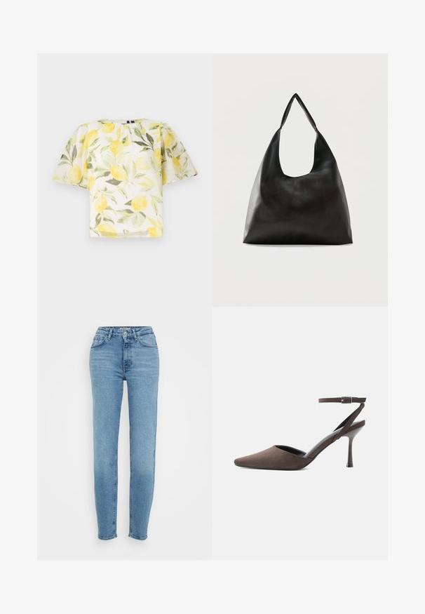 Hvid kortærmet bluse med citron- og bladmønster. Letvægts, let gennemsigtigt stof med rund halsudskæring og løs pasform.; Lyseblå denim jeans med høj talje, lige ben, fem-lomme design og synlige sømme langs sømmene. Knap- og lynlåslukning.; Brun ruskindspointetrukket højhælet sko med tynd ankelrem og sølvspænde på hvid baggrund.; Sort skuldertaske i glat læder med en bred, enkelt strop og et afslappet, minimalistisk design mod en ensfarvet baggrund.